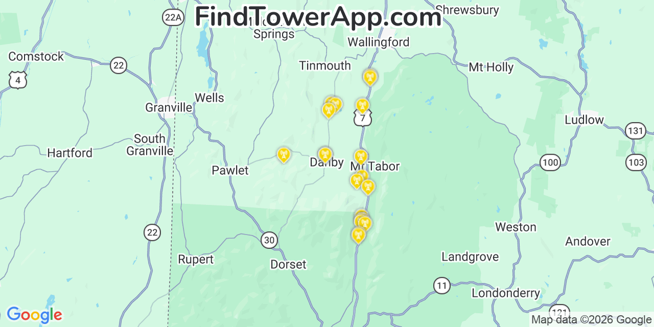 Map showing the 20 primary cell tower locations detected in Danby, Vermont from AT&T, Verizon, and T-Mobile networks