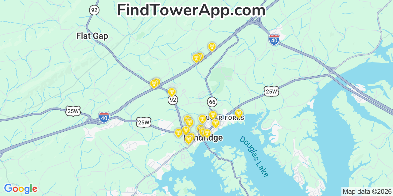 Map showing the 20 primary cell tower locations detected in Dandridge, Tennessee from AT&T, Verizon, and T-Mobile networks