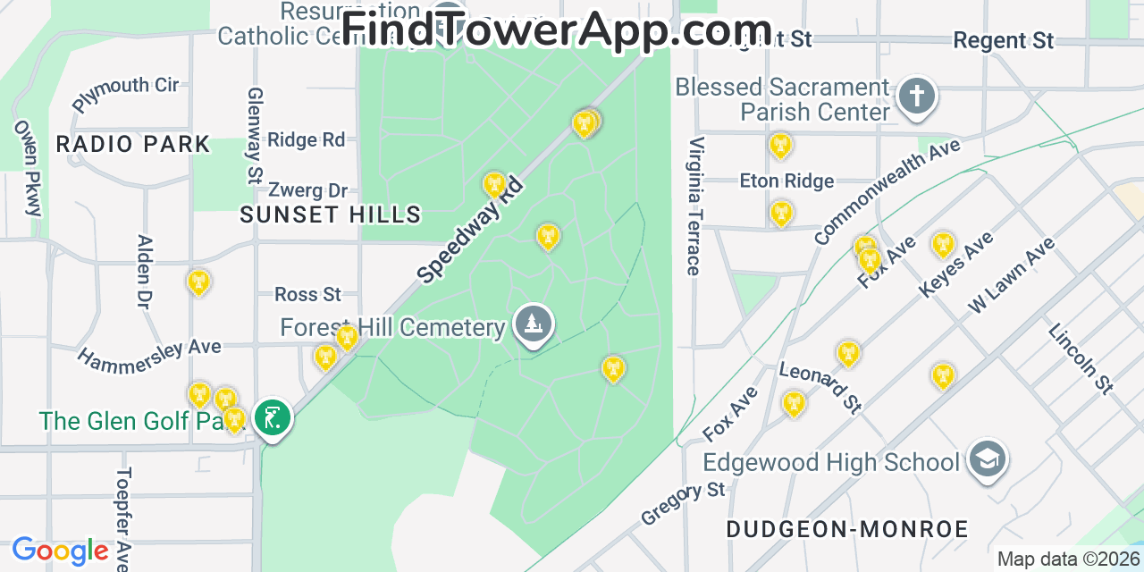 Map showing the 20 primary cell tower locations detected in Dane, Wisconsin from AT&T, Verizon, and T-Mobile networks