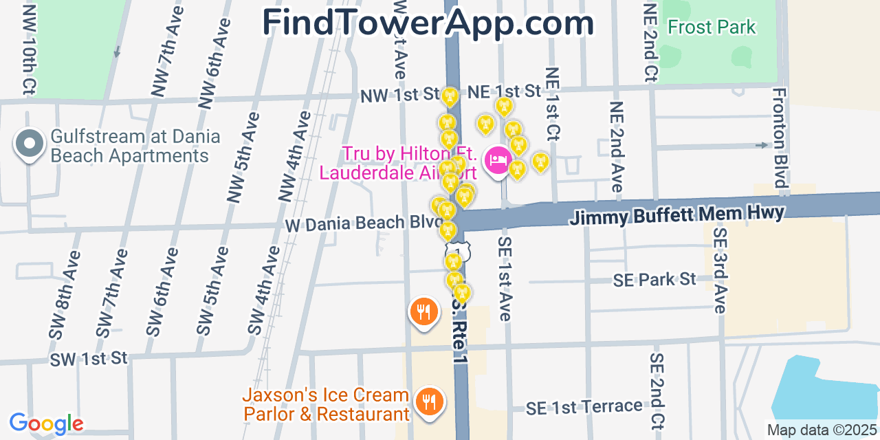 Map showing the 20 primary cell tower locations detected in Dania Beach, Florida from AT&T, Verizon, and T-Mobile networks