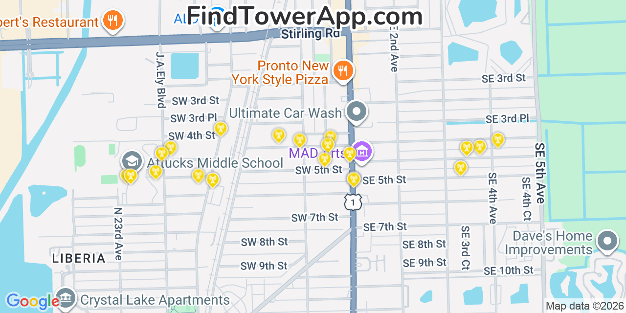 Map showing the 20 primary cell tower locations detected in Dania Beach, Florida from AT&T, Verizon, and T-Mobile networks