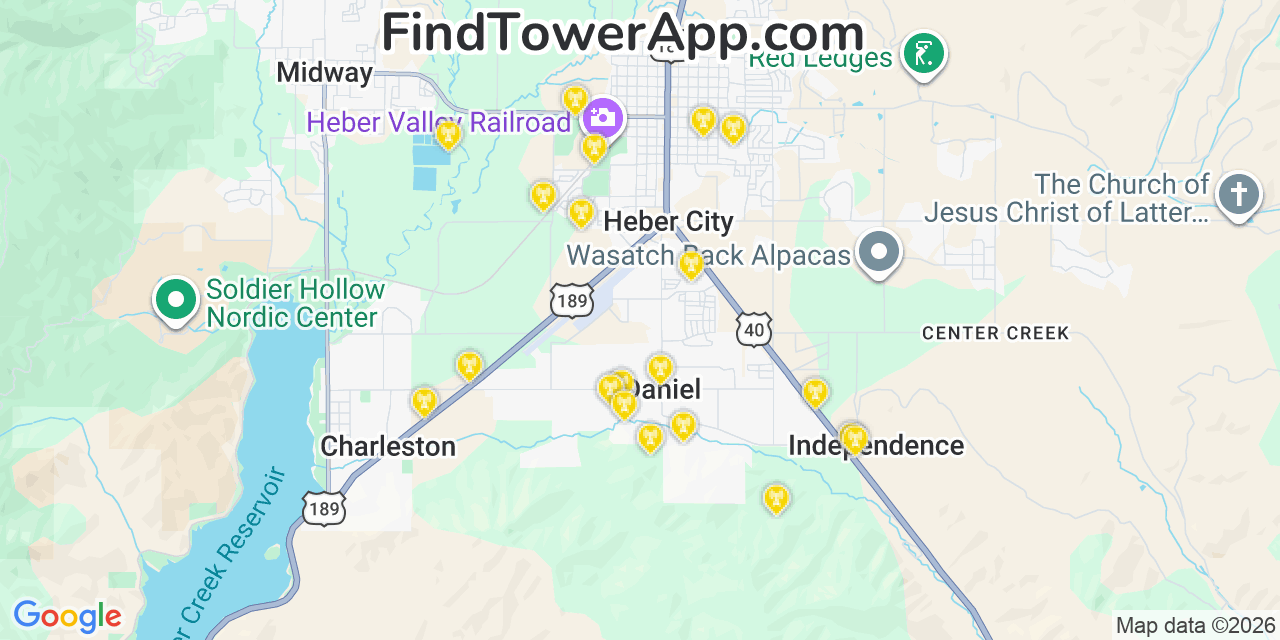 Map showing the 20 primary cell tower locations detected in Daniel, Utah from AT&T, Verizon, and T-Mobile networks