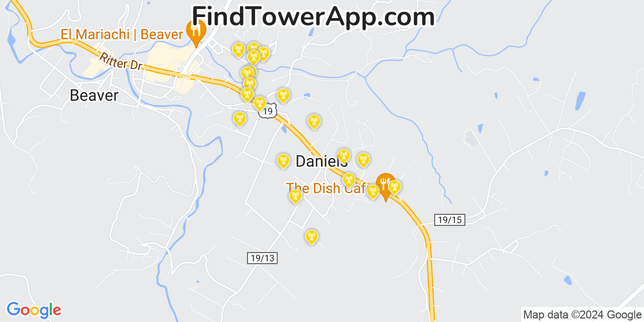 AT&T 4G/5G cell tower coverage map Daniels, West Virginia