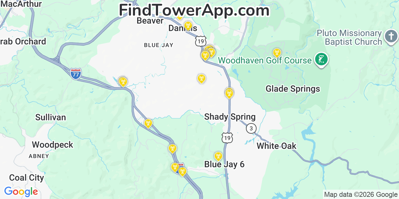 Map showing the 20 primary cell tower locations detected in Daniels, West Virginia from AT&T, Verizon, and T-Mobile networks