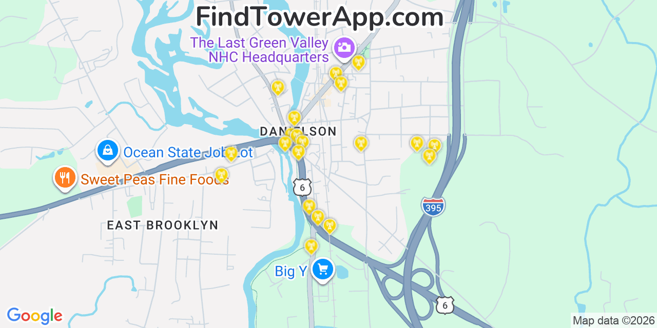 Map showing the 20 primary cell tower locations detected in Danielson, Connecticut from AT&T, Verizon, and T-Mobile networks