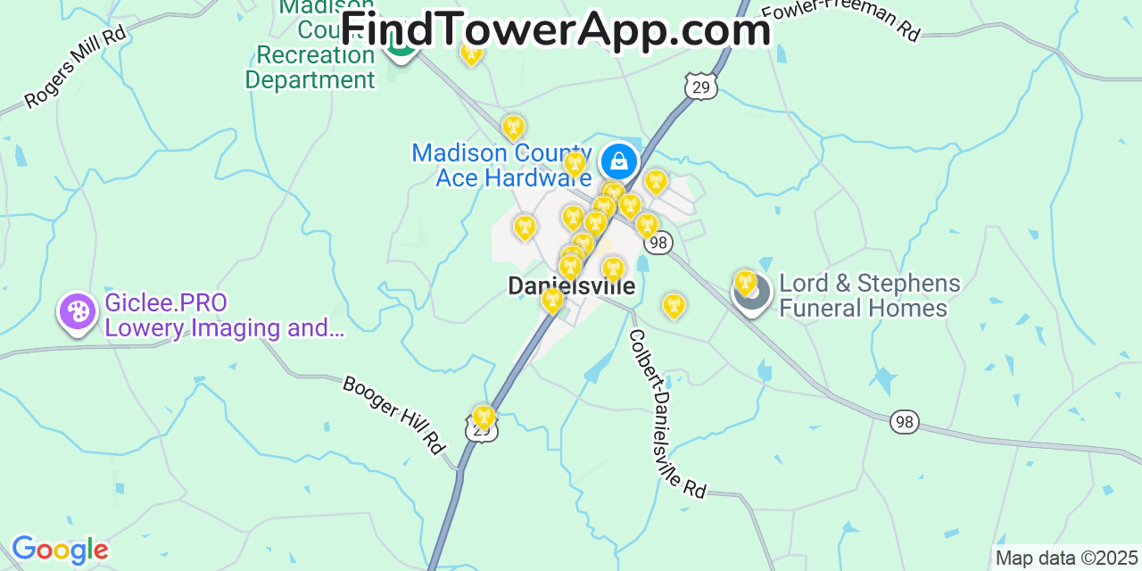Map showing the 20 primary cell tower locations detected in Danielsville, Georgia from AT&T, Verizon, and T-Mobile networks