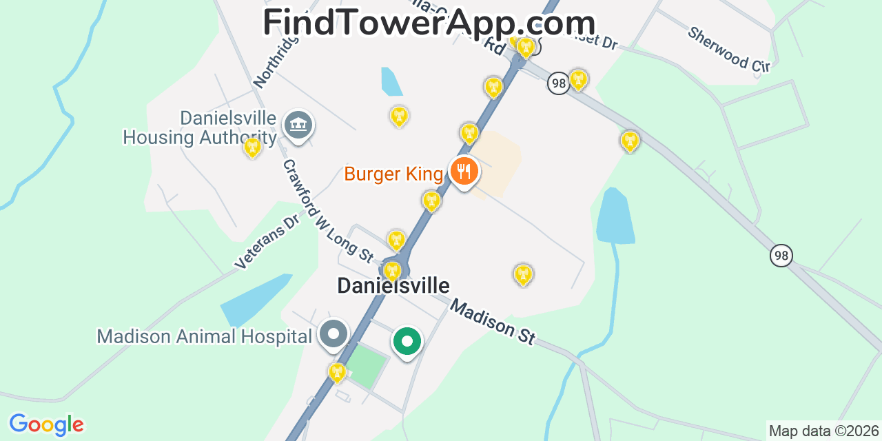 Map showing the 20 primary cell tower locations detected in Danielsville, Georgia from AT&T, Verizon, and T-Mobile networks