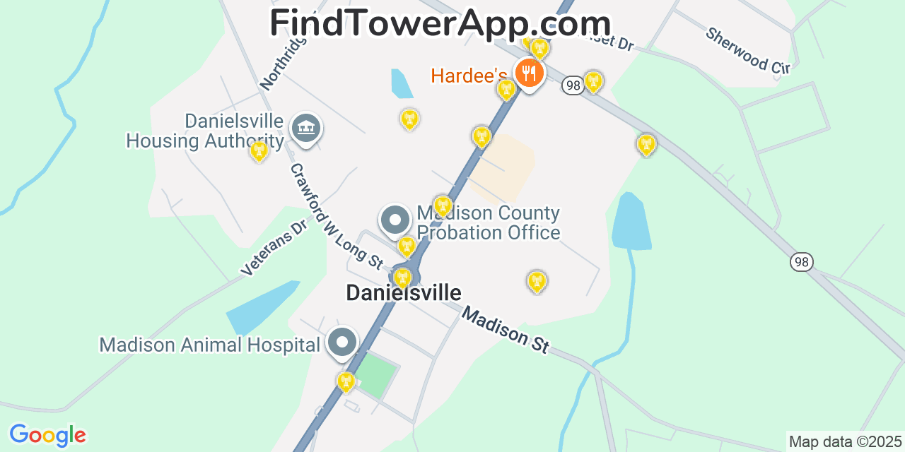 Map showing the 20 primary Mobitel cell tower locations detected in Danielsville, Georgia with coverage radius and signal strength indicators
