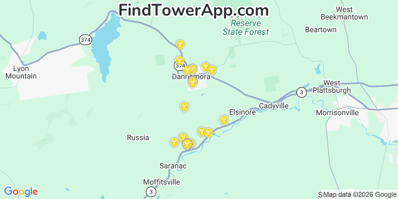 Map showing the 20 primary cell tower locations detected in Dannemora, New York from AT&T, Verizon, and T-Mobile networks
