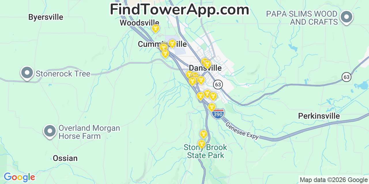 Map showing the 20 primary cell tower locations detected in Dansville, New York from AT&T, Verizon, and T-Mobile networks
