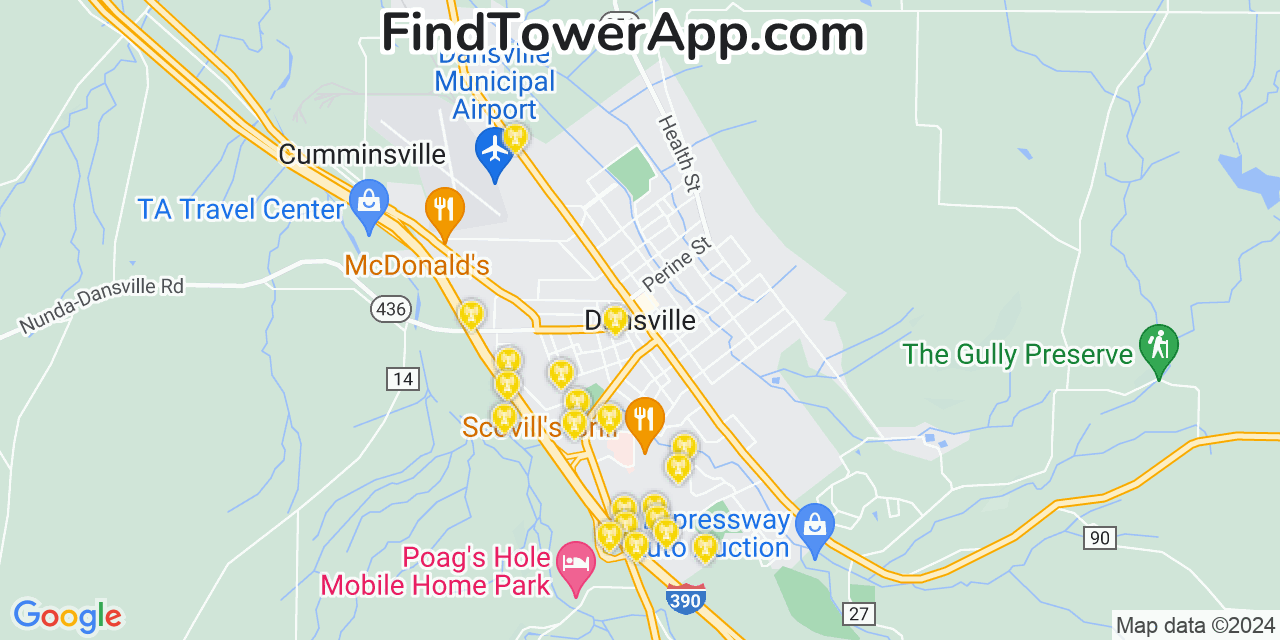 Verizon 4G/5G cell tower coverage map Dansville, New York