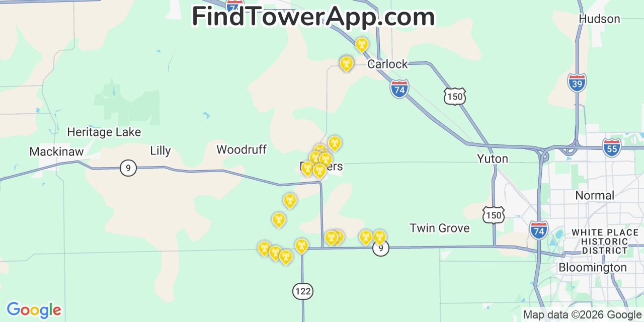 Map showing the 20 primary cell tower locations detected in Danvers, Illinois from AT&T, Verizon, and T-Mobile networks
