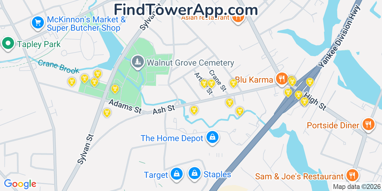 Map showing the 20 primary cell tower locations detected in Danvers, Massachusetts from AT&T, Verizon, and T-Mobile networks