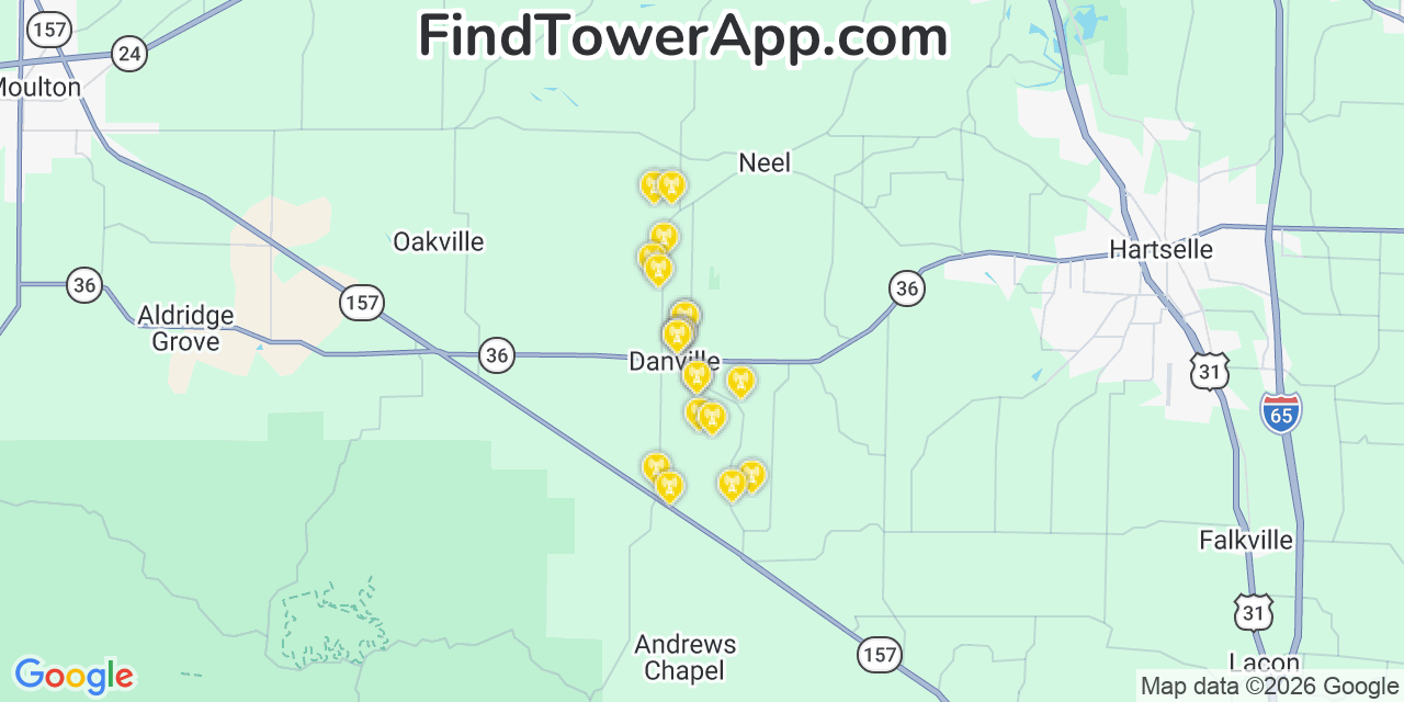 Map showing the 20 primary cell tower locations detected in Danville, Alabama from AT&T, Verizon, and T-Mobile networks