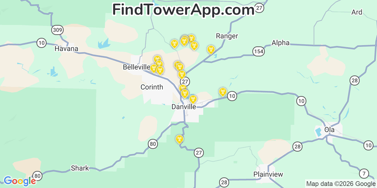 Map showing the 20 primary cell tower locations detected in Danville, Arkansas from AT&T, Verizon, and T-Mobile networks