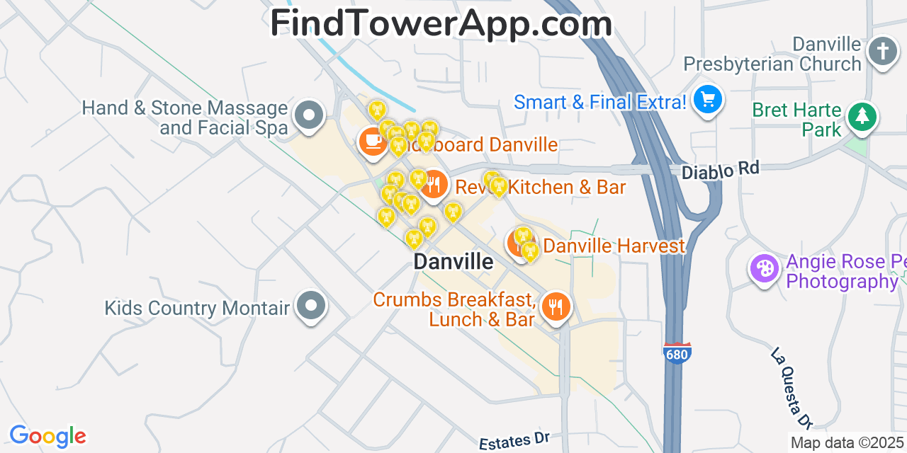 Map showing the 20 primary cell tower locations detected in Danville, California from AT&T, Verizon, and T-Mobile networks
