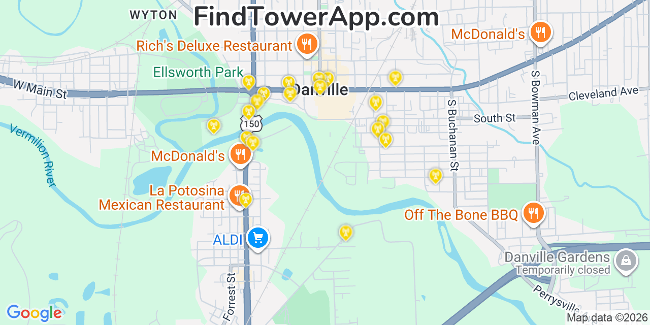 Map showing the 20 primary cell tower locations detected in Danville, Illinois from AT&T, Verizon, and T-Mobile networks
