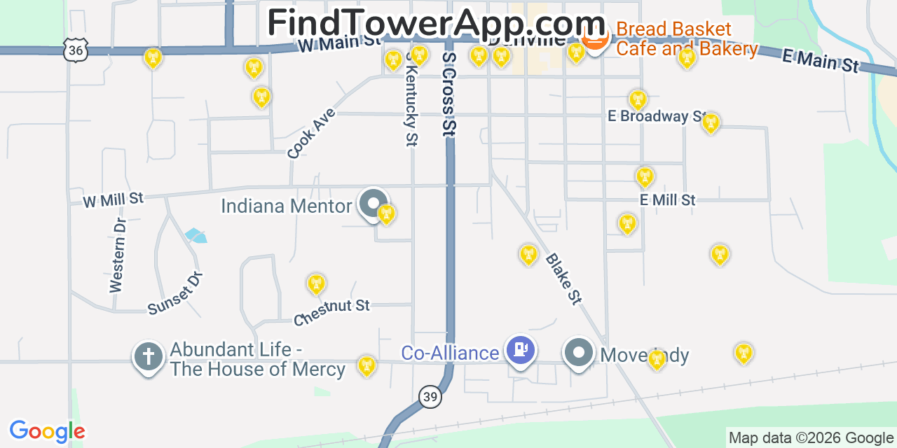 Map showing the 20 primary cell tower locations detected in Danville, Indiana from AT&T, Verizon, and T-Mobile networks