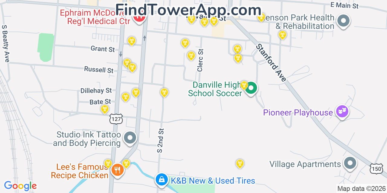 Map showing the 20 primary cell tower locations detected in Danville, Kentucky from AT&T, Verizon, and T-Mobile networks