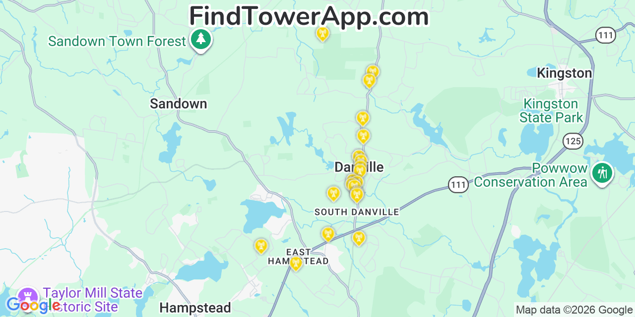 Map showing the 20 primary cell tower locations detected in Danville, New Hampshire from AT&T, Verizon, and T-Mobile networks