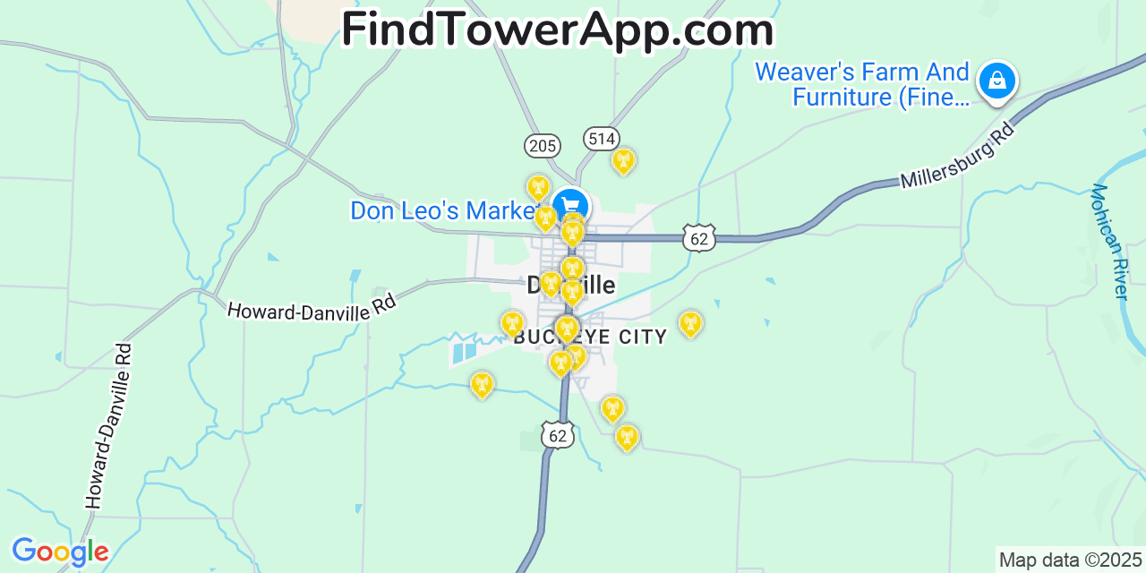 Map showing the 20 primary cell tower locations detected in Danville, Ohio from AT&T, Verizon, and T-Mobile networks