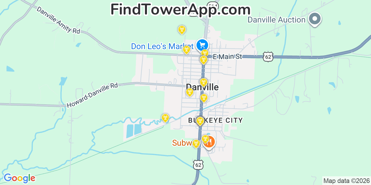 Map showing the 20 primary cell tower locations detected in Danville, Ohio from AT&T, Verizon, and T-Mobile networks