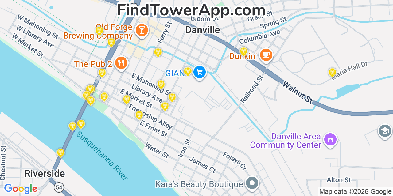 Map showing the 20 primary cell tower locations detected in Danville, Pennsylvania from AT&T, Verizon, and T-Mobile networks