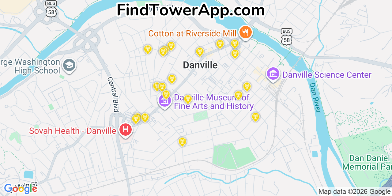 Map showing the 20 primary cell tower locations detected in Danville, Virginia from AT&T, Verizon, and T-Mobile networks