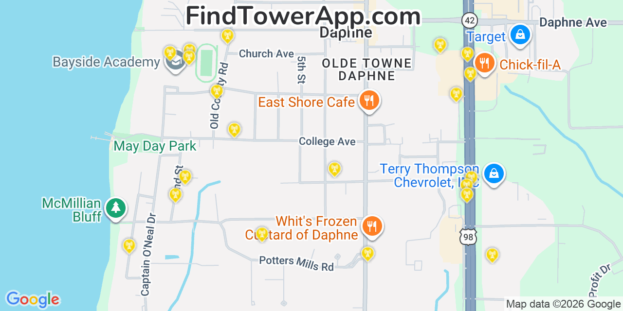 Map showing the 20 primary cell tower locations detected in Daphne, Alabama from AT&T, Verizon, and T-Mobile networks