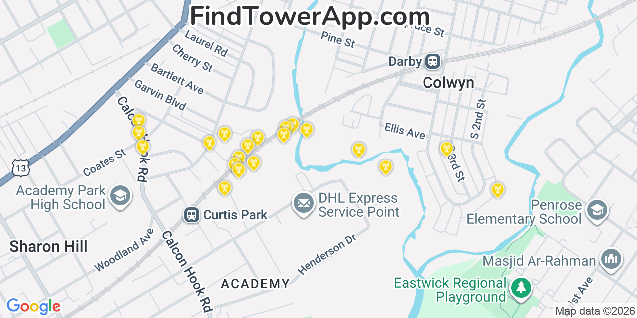Map showing the 20 primary cell tower locations detected in Darby, Pennsylvania from AT&T, Verizon, and T-Mobile networks