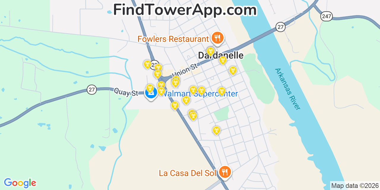 Map showing the 20 primary cell tower locations detected in Dardanelle, Arkansas from AT&T, Verizon, and T-Mobile networks