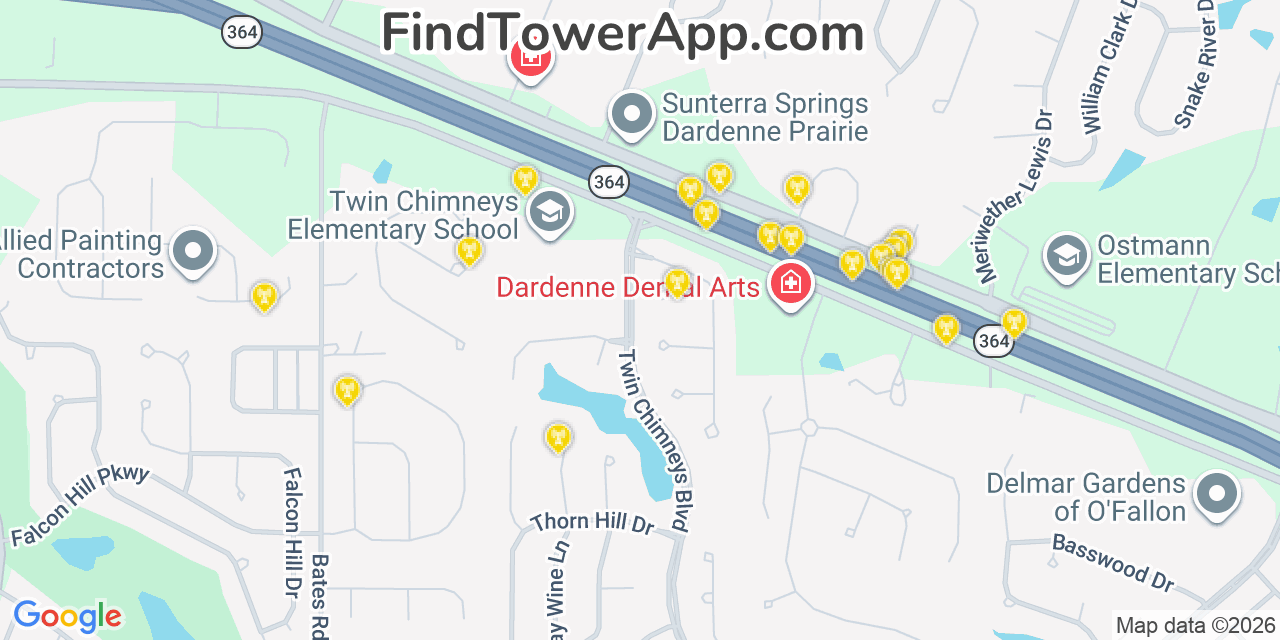 Map showing the 20 primary cell tower locations detected in Dardenne Prairie, Missouri from AT&T, Verizon, and T-Mobile networks