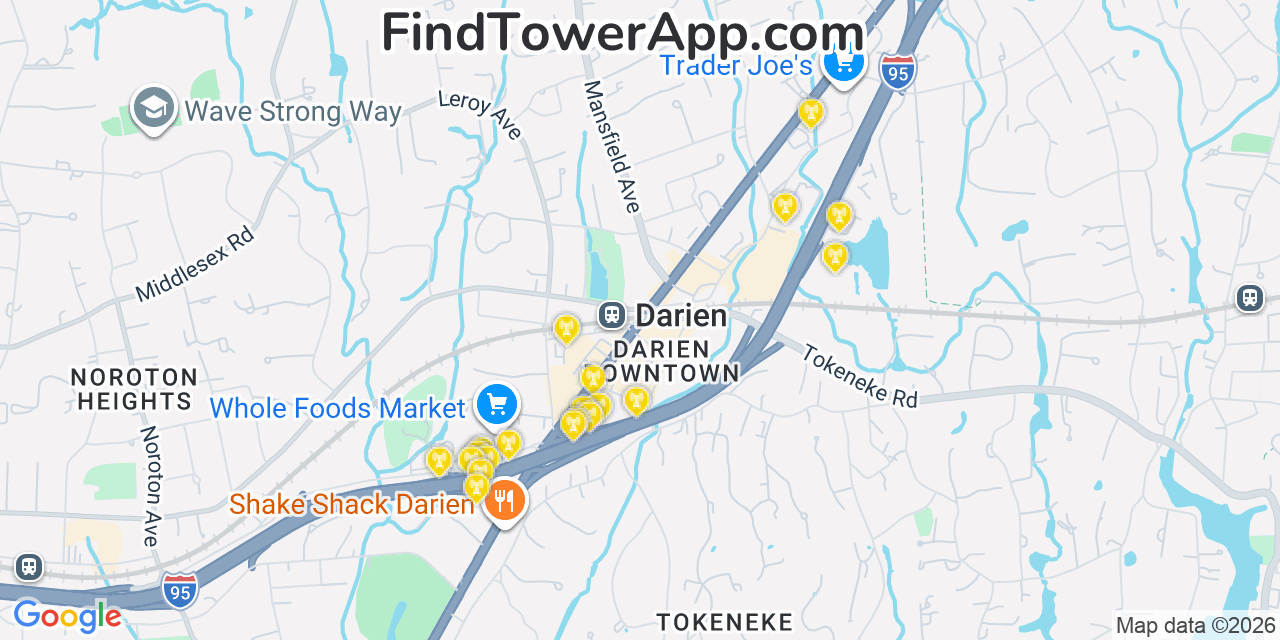 Map showing the 20 primary cell tower locations detected in Darien, Connecticut from AT&T, Verizon, and T-Mobile networks