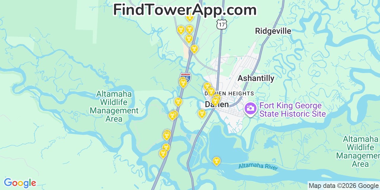 Map showing the 20 primary cell tower locations detected in Darien, Georgia from AT&T, Verizon, and T-Mobile networks