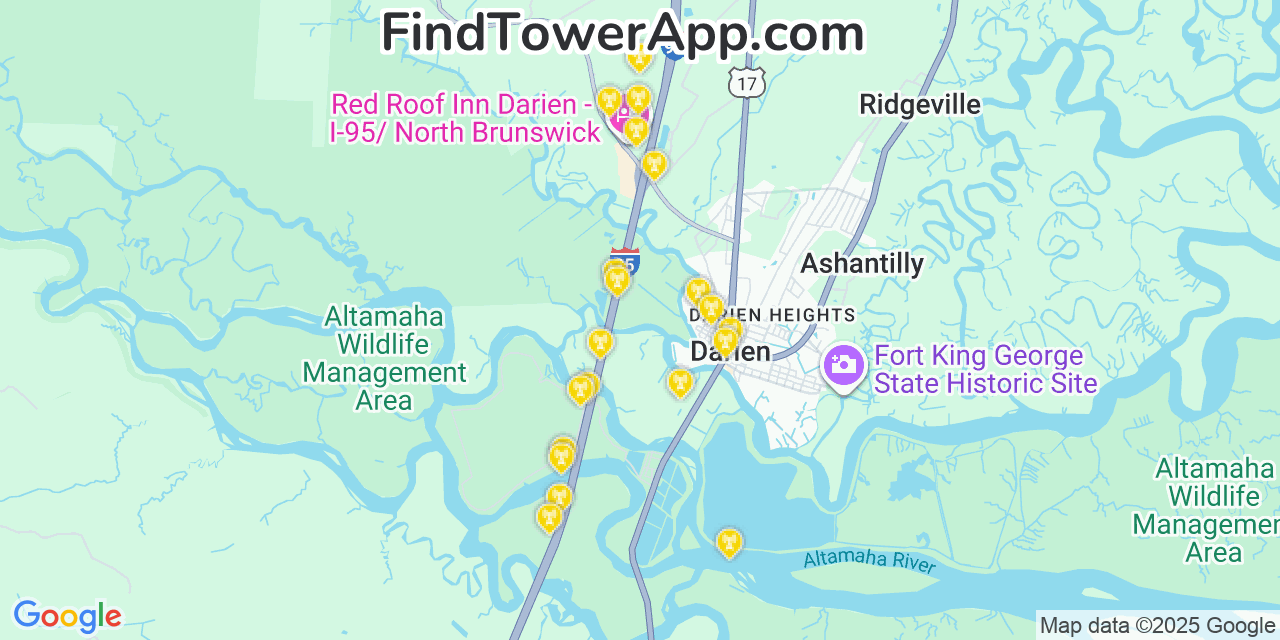 Map showing the 20 primary Mobitel cell tower locations detected in Darien, Georgia with coverage radius and signal strength indicators