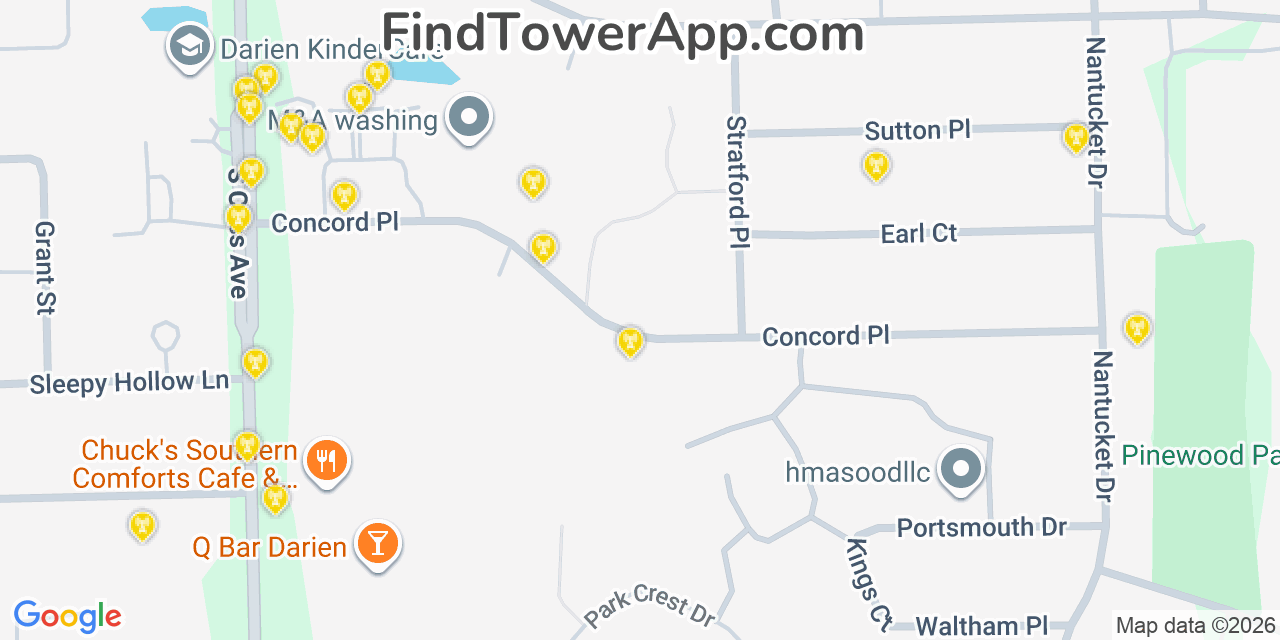 Map showing the 20 primary cell tower locations detected in Darien, Illinois from AT&T, Verizon, and T-Mobile networks