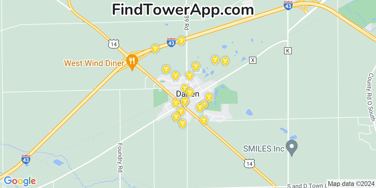 AT&T 4G/5G cell tower coverage map Darien, Wisconsin