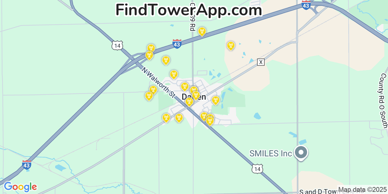 Map showing the 20 primary cell tower locations detected in Darien, Wisconsin from AT&T, Verizon, and T-Mobile networks