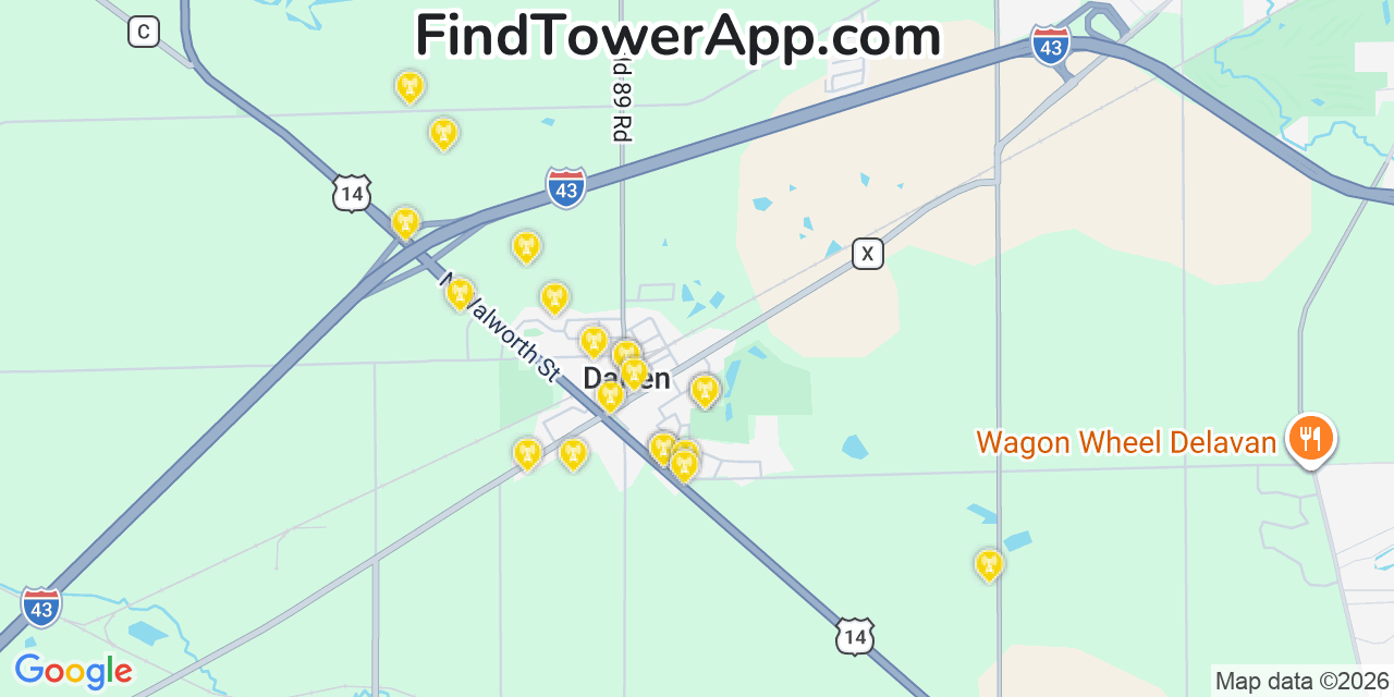 Map showing the 20 primary cell tower locations detected in Darien, Wisconsin from AT&T, Verizon, and T-Mobile networks