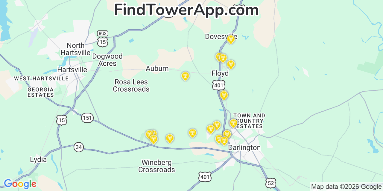 Map showing the 20 primary cell tower locations detected in Darlington, South Carolina from AT&T, Verizon, and T-Mobile networks