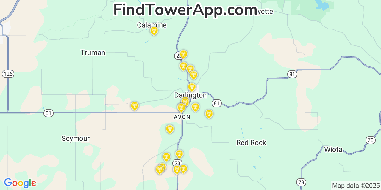 Map showing the 20 primary cell tower locations detected in Darlington, Wisconsin from AT&T, Verizon, and T-Mobile networks
