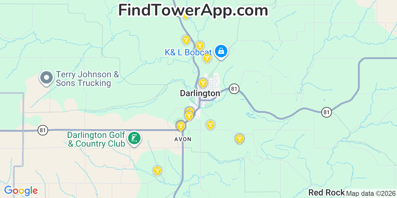 Map showing the 20 primary cell tower locations detected in Darlington, Wisconsin from AT&T, Verizon, and T-Mobile networks