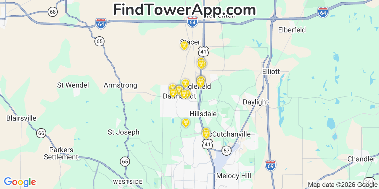 Map showing the 20 primary cell tower locations detected in Darmstadt, Indiana from AT&T, Verizon, and T-Mobile networks