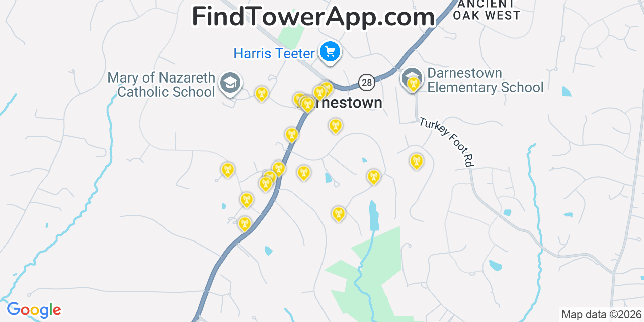 Map showing the 20 primary cell tower locations detected in Darnestown, Maryland from AT&T, Verizon, and T-Mobile networks