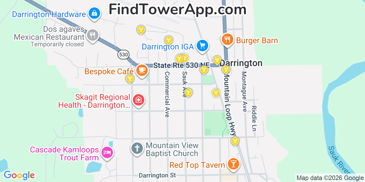 Map showing the 20 primary cell tower locations detected in Darrington, Washington from AT&T, Verizon, and T-Mobile networks