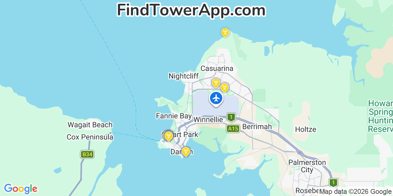 Map showing the 21 primary Clermont Coal cell tower locations in Darwin, Australia