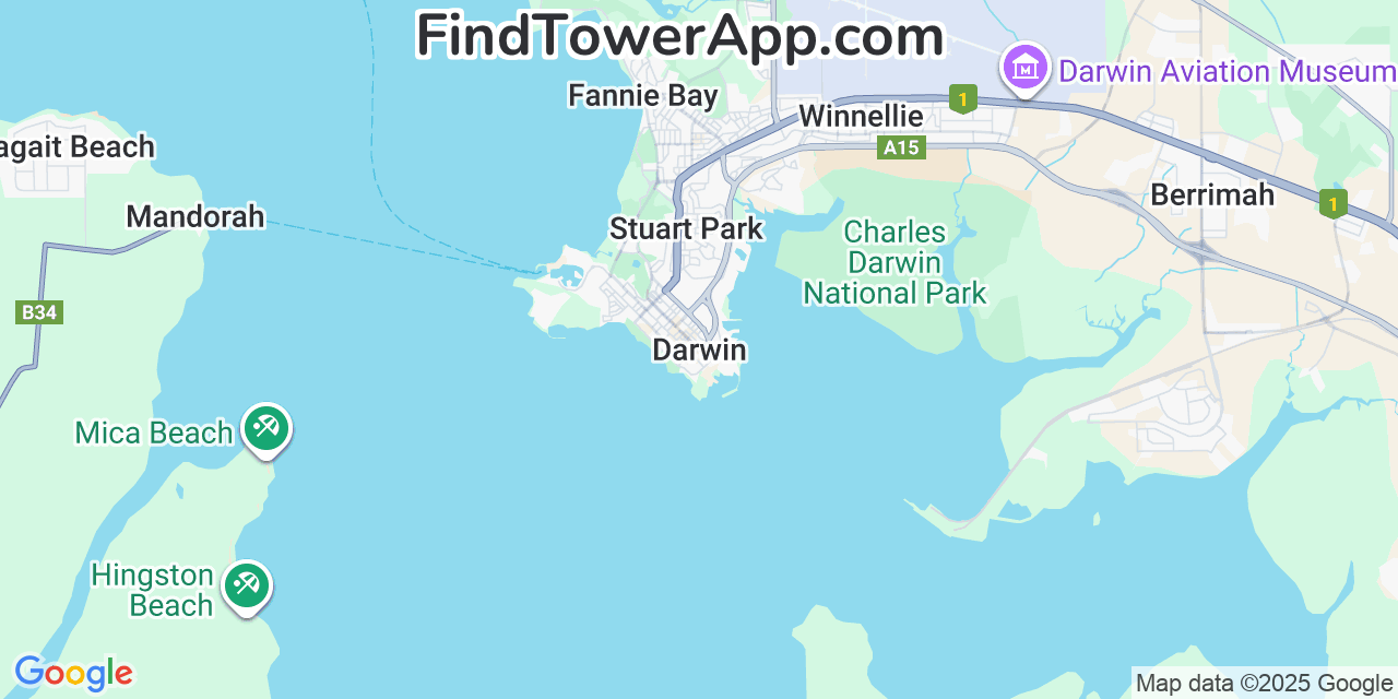 Map showing the 0 primary MessageBird cell tower locations detected in Darwin, Australia with coverage radius and signal strength indicators