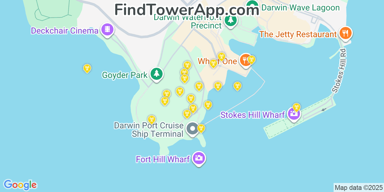 Map showing the 20 primary cell tower locations detected in Darwin, Australia with coverage areas and signal strength