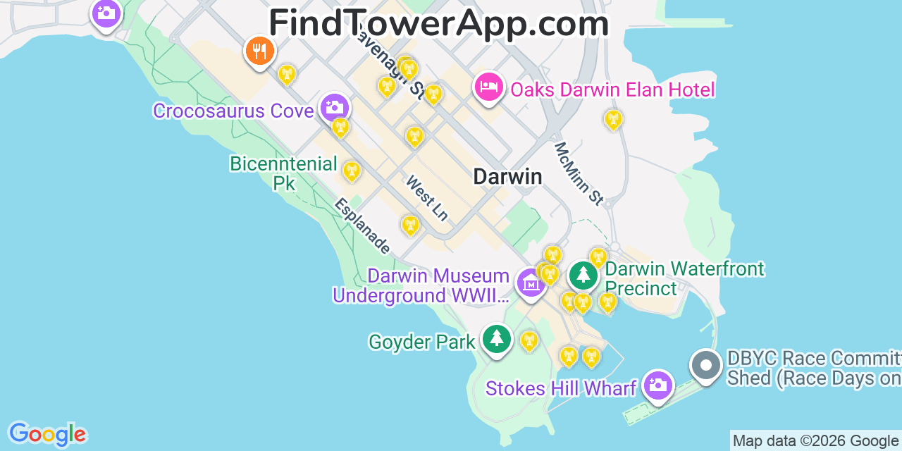 Map showing the 20 primary Pilbara Iron cell tower locations in Darwin, Australia