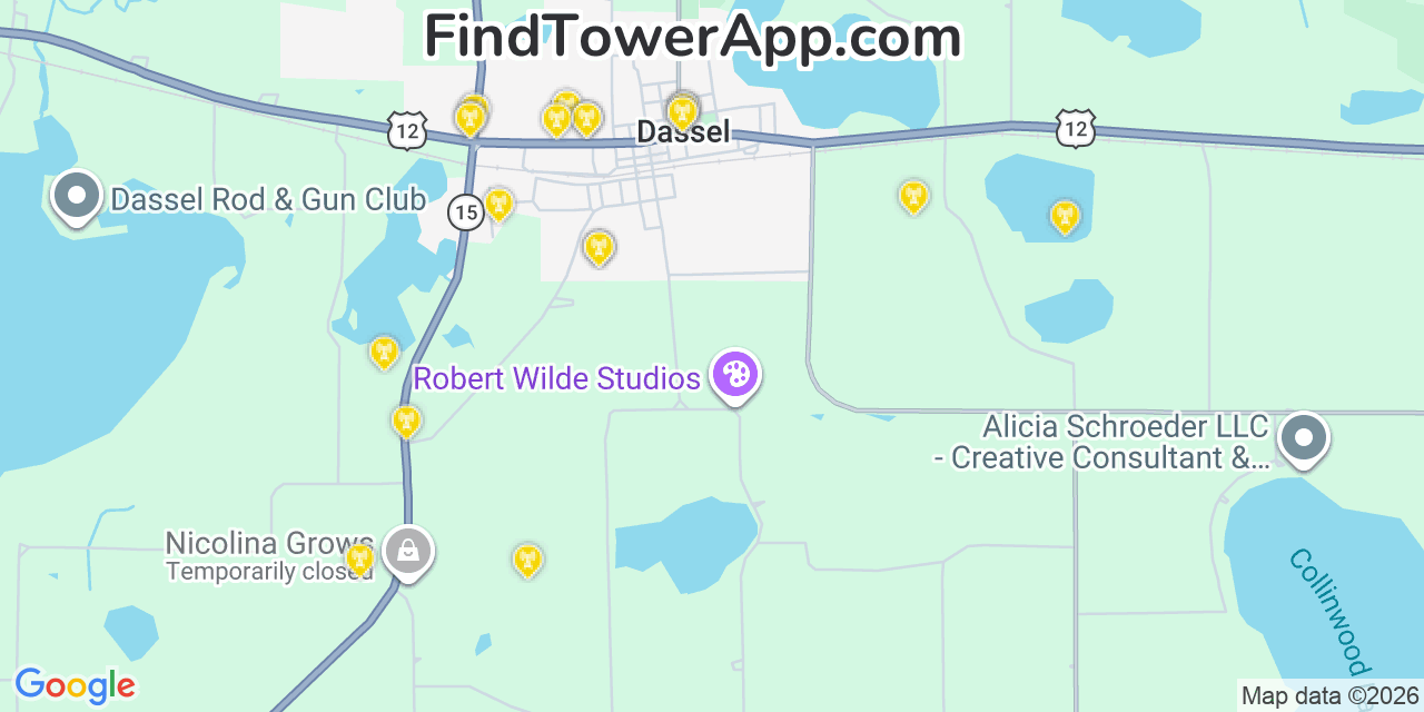 Map showing the 20 primary cell tower locations detected in Dassel, Minnesota from AT&T, Verizon, and T-Mobile networks
